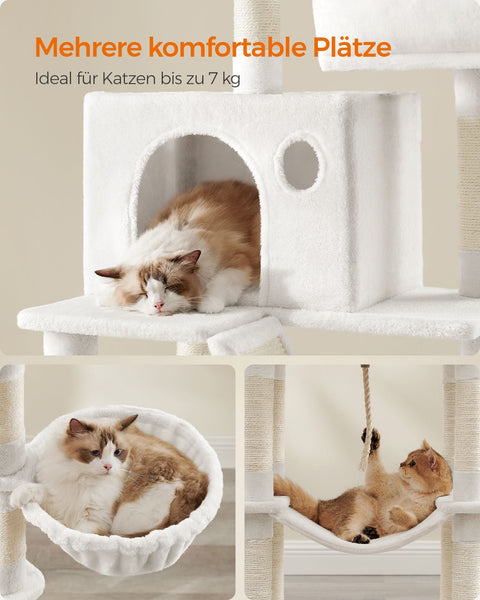 Rootz Large Scratching Post - Cat Tree - Climbing Tower - Chip Board - Plush - Sisal - 60cm x 50cm x 206cm, Cream White