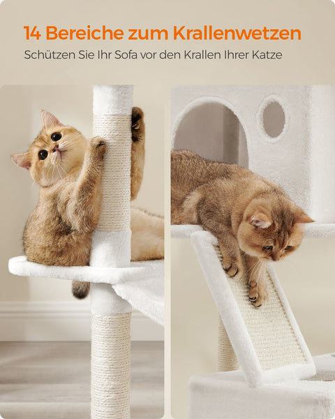 Rootz Large Scratching Post - Cat Tree - Climbing Tower - Chip Board - Plush - Sisal - 60cm x 50cm x 206cm, Cream White