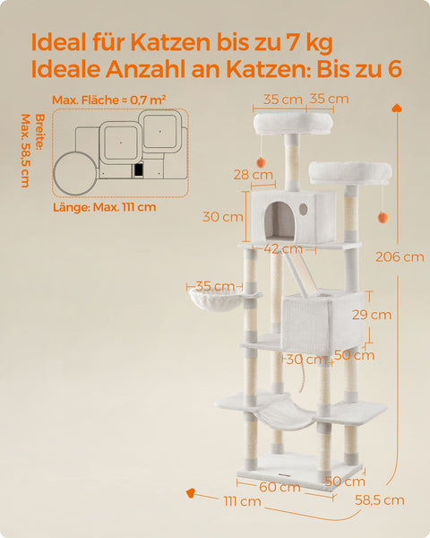 Rootz Large Scratching Post - Cat Tree - Climbing Tower - Chip Board - Plush - Sisal - 60cm x 50cm x 206cm, Cream White