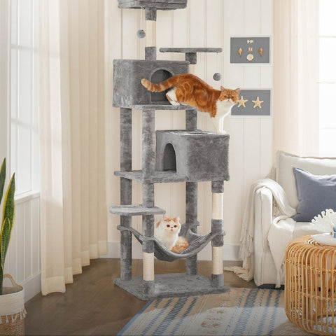 Rootz Cat Scratching Post - Kitty Tree - Cat Tower - Plush Surface - Observation Platforms - Cozy Cave - Lounger - Sturdy Hammock - Sisal Poles - Staircase - Gray Blue - Chipboard - 49cm x 49cm x 135cm