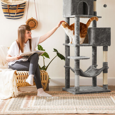 Rootz Cat Scratching Post - Kitty Tree - Cat Tower - Plush Surface - Observation Platforms - Cozy Cave - Lounger - Sturdy Hammock - Sisal Poles - Staircase - Gray Blue - Chipboard - 49cm x 49cm x 135cm