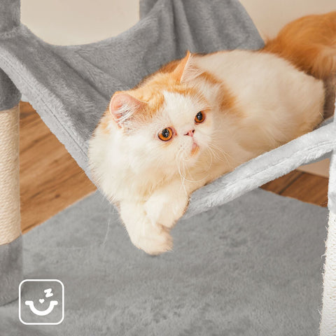 Rootz Cat Scratching Post - Kitty Tree - Cat Tower - Plush Surface - Observation Platforms - Cozy Cave - Lounger - Sturdy Hammock - Sisal Poles - Staircase - Gray Blue - Chipboard - 49cm x 49cm x 135cm