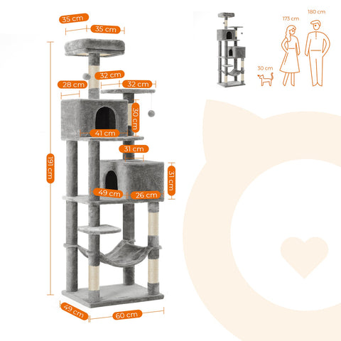 Rootz Cat Scratching Post - Kitty Tree - Cat Tower - Plush Surface - Observation Platforms - Cozy Cave - Lounger - Sturdy Hammock - Sisal Poles - Staircase - Gray Blue - Chipboard - 49cm x 49cm x 135cm