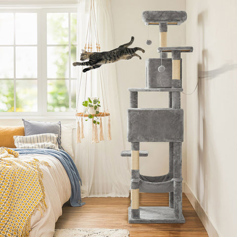 Rootz Cat Scratching Post - Kitty Tree - Cat Tower - Plush Surface - Observation Platforms - Cozy Cave - Lounger - Sturdy Hammock - Sisal Poles - Staircase - Gray Blue - Chipboard - 49cm x 49cm x 135cm