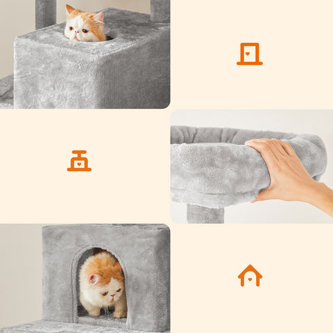 Rootz Cat Scratching Post - Kitty Tree - Cat Tower - Plush Surface - Observation Platforms - Cozy Cave - Lounger - Sturdy Hammock - Sisal Poles - Staircase - Gray Blue - Chipboard - 49cm x 49cm x 135cm