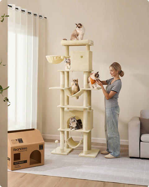 Rootz Large Cat Tree - Cat Scratching Post - Plush Pet Tower - 201cm High with Platform - Brown - 78cm x 48cm x 201cm
