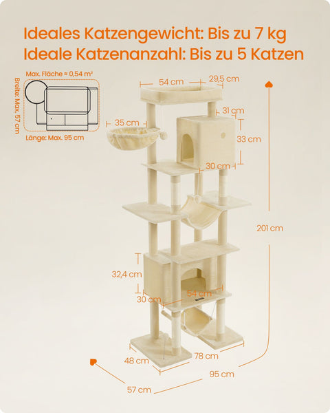 Rootz Large Cat Tree - Cat Scratching Post - Plush Pet Tower - 201cm High with Platform - Brown - 78cm x 48cm x 201cm