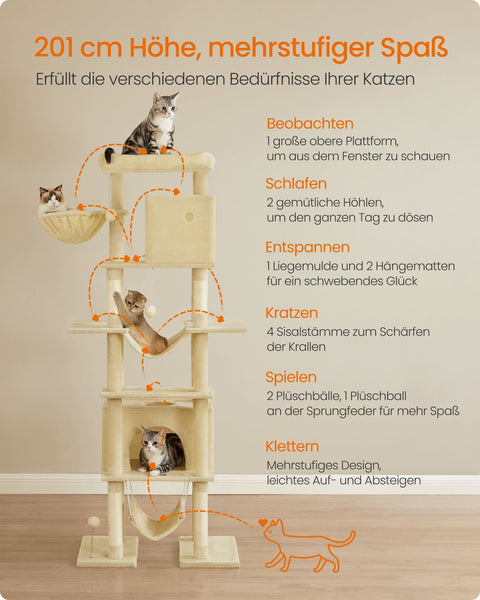 Rootz Large Cat Tree - Cat Scratching Post - Plush Pet Tower - 201cm High with Platform - Brown - 78cm x 48cm x 201cm