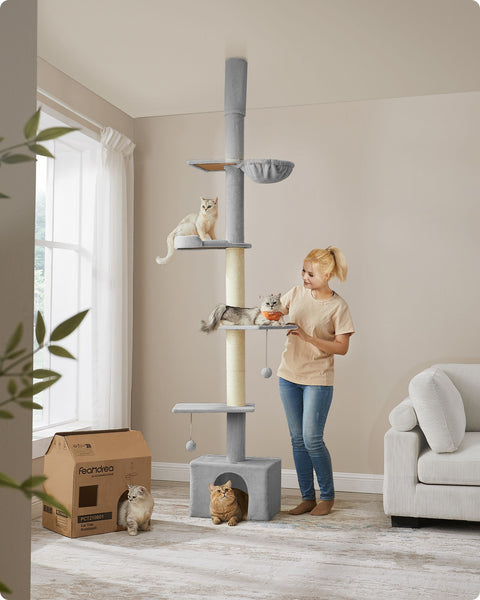 Rootz Ceiling High Cat Tree - Scratching Post - Cat Tower - Adjustable Height - Light Gray - MDF, Plywood, Plush, Sisal - 45cm x 30cm x (231-291cm)