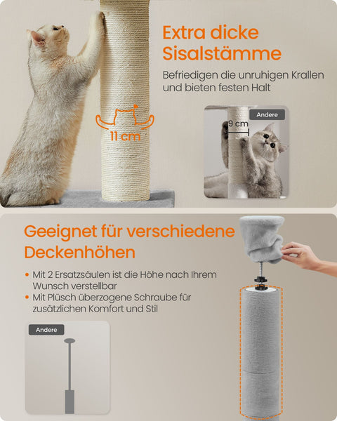 Rootz Ceiling High Cat Tree - Scratching Post - Cat Tower - Adjustable Height - Light Gray - MDF, Plywood, Plush, Sisal - 45cm x 30cm x (231-291cm)