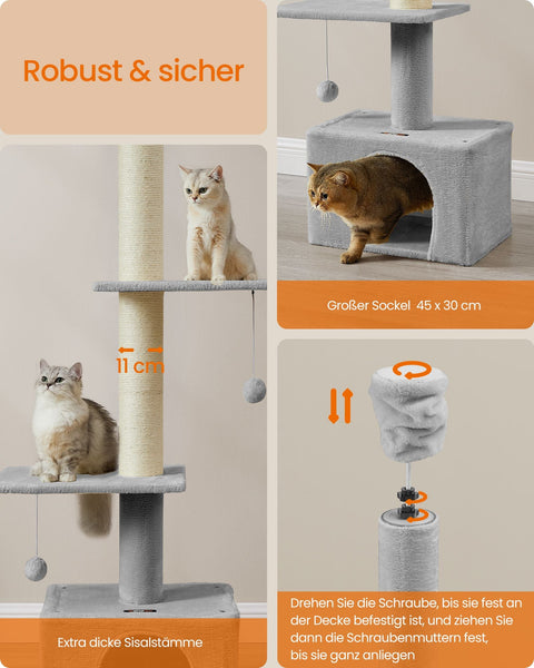 Rootz Ceiling High Cat Tree - Scratching Post - Cat Tower - Adjustable Height - Light Gray - MDF, Plywood, Plush, Sisal - 45cm x 30cm x (231-291cm)