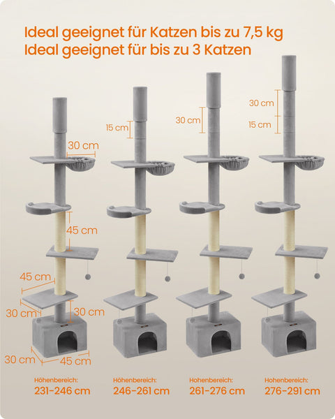Rootz Ceiling High Cat Tree - Scratching Post - Cat Tower - Adjustable Height - Light Gray - MDF, Plywood, Plush, Sisal - 45cm x 30cm x (231-291cm)