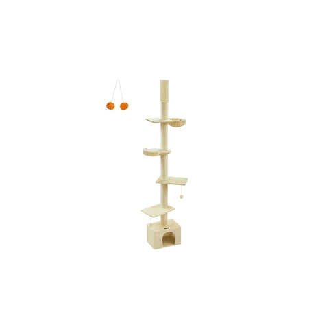 Rootz Cat Tree Ceiling High - Scratching Post - Scratcher - Height Adjust - Beige - MDF, Plywood, Plush, Sisal - 45cm x 30cm x (231-291cm)