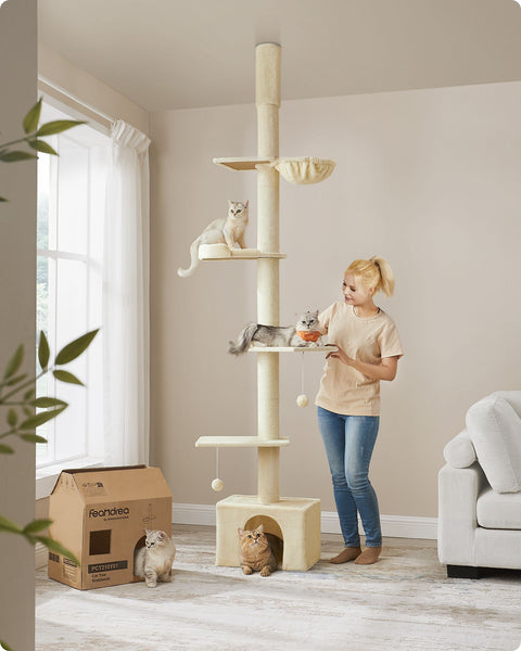 Rootz Cat Tree Ceiling High - Scratching Post - Scratcher - Height Adjust - Beige - MDF, Plywood, Plush, Sisal - 45cm x 30cm x (231-291cm)