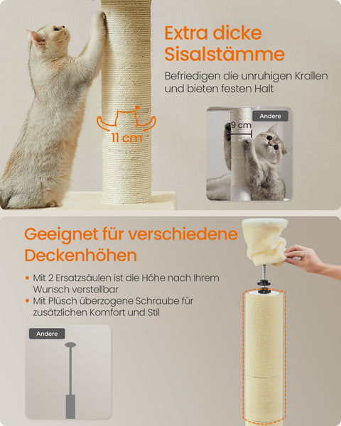 Rootz Cat Tree Ceiling High - Scratching Post - Scratcher - Height Adjust - Beige - MDF, Plywood, Plush, Sisal - 45cm x 30cm x (231-291cm)