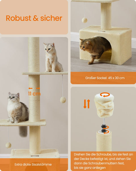 Rootz Cat Tree Ceiling High - Scratching Post - Scratcher - Height Adjust - Beige - MDF, Plywood, Plush, Sisal - 45cm x 30cm x (231-291cm)