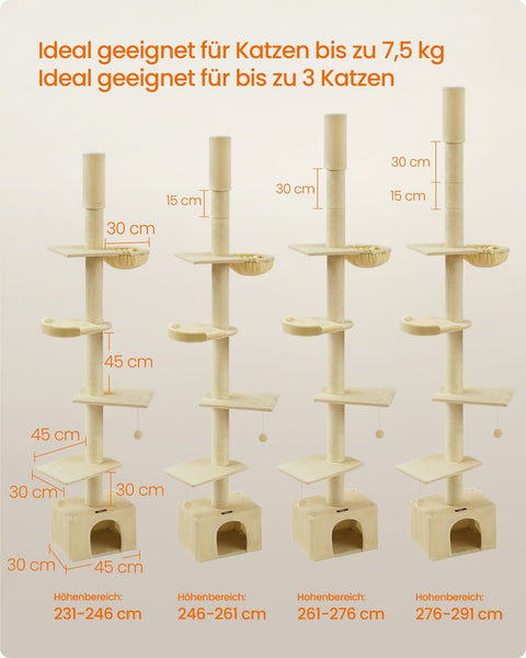 Rootz Cat Tree Ceiling High - Scratching Post - Scratcher - Height Adjust - Beige - MDF, Plywood, Plush, Sisal - 45cm x 30cm x (231-291cm)