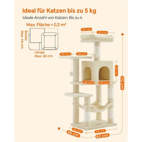 Rootz Cat Scratching Post - Cat Tree - Cat Climbing Frame - Chipboard Construction - Plush Covering - Sisal Rope - 45cm x 35cm x 112cm