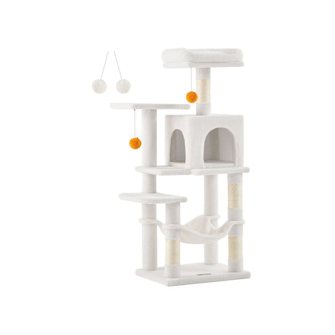 Rootz Cat Tree Scratching Post - Cream White - Cat Condo - Chipboard Plush Sisal - 45cm x 35cm x 112cm - Heavy Duty - Ideal for 4 Cats