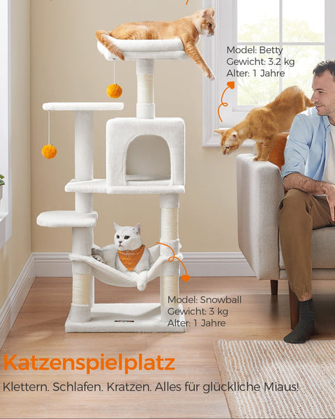 Rootz Cat Scratching Post - Cream White Cat Tree - Cat Climbing Tower - Chipboard Plush Sisal - 45cm x 35cm x 112cm - Sturdy Construction - Multiple Cats - Easy Assembly