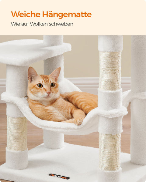 Rootz Cat Scratching Post - Cream White Cat Tree - Cat Climbing Tower - Chipboard Plush Sisal - 45cm x 35cm x 112cm - Sturdy Construction - Multiple Cats - Easy Assembly