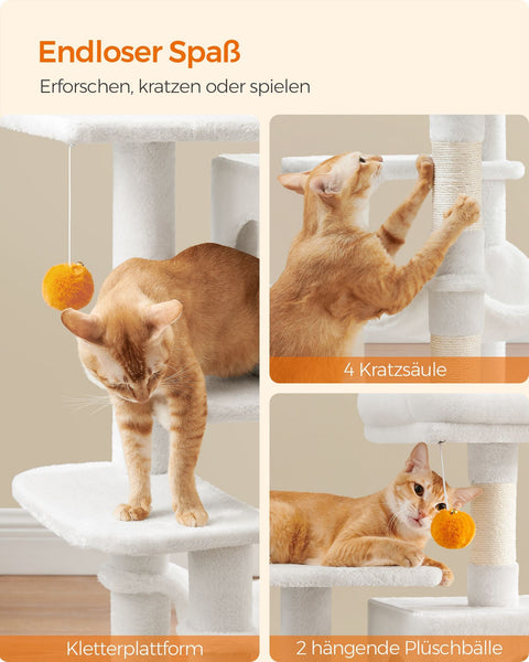 Rootz Cat Scratching Post - Cream White Cat Tree - Cat Climbing Tower - Chipboard Plush Sisal - 45cm x 35cm x 112cm - Sturdy Construction - Multiple Cats - Easy Assembly