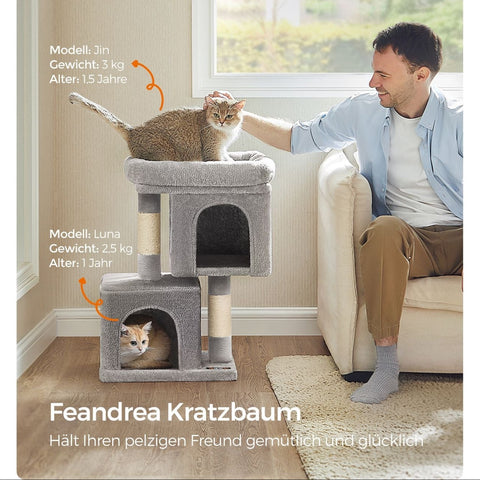 Rootz Cat Scratching Post - Cat Tree - Scratcher - Chipboard - Plush - Sisal - Prevents Tipping - Easy Assembly - Light Gray - 40cm x 30cm x 67cm