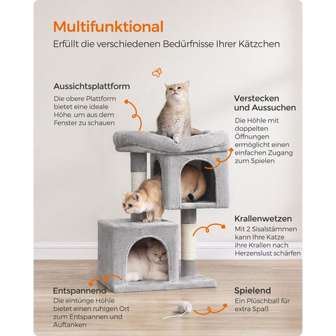 Rootz Cat Scratching Post - Cat Tree - Scratcher - Chipboard - Plush - Sisal - Prevents Tipping - Easy Assembly - Light Gray - 40cm x 30cm x 67cm