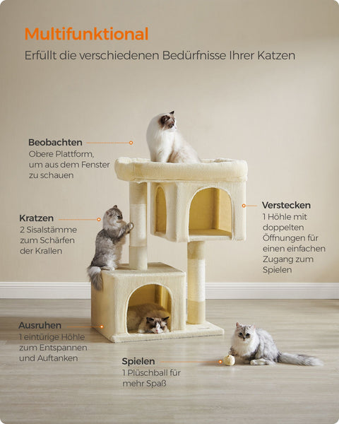 Rootz Cat Scratching Post - Beige - Chipboard Plush - Sisal Rope - Large 68cm x 48cm x 101cm - Sturdy - 14.3kg - 3 Toys - Anti-tip - Easy Assembly