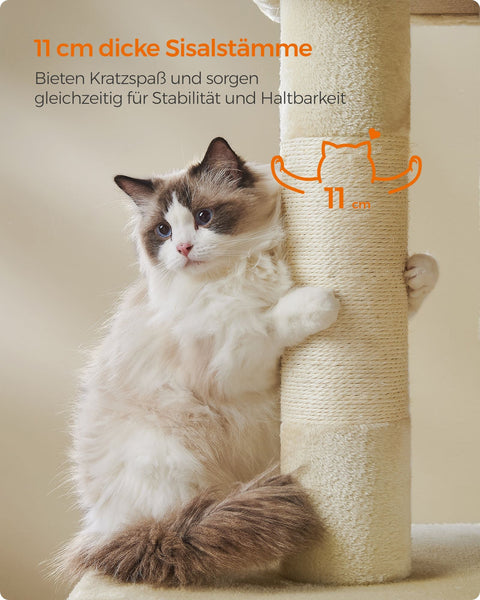 Rootz Cat Scratching Post - Beige - Chipboard Plush - Sisal Rope - Large 68cm x 48cm x 101cm - Sturdy - 14.3kg - 3 Toys - Anti-tip - Easy Assembly