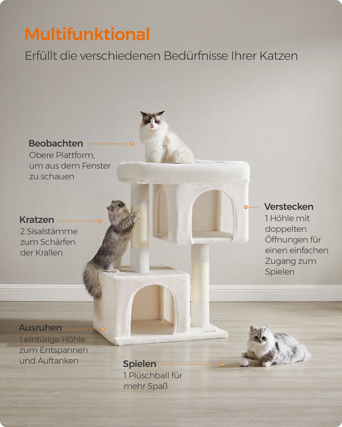 Rootz Scratching Post - Cat Tree - Cat Condo - Chipboard Plush Sisal - 68cm x 48cm x 101cm - Cream White - 14.3kg