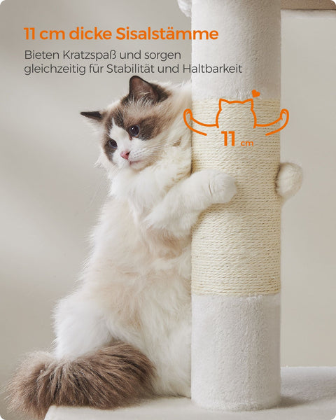 Rootz Scratching Post - Cat Tree - Cat Condo - Chipboard Plush Sisal - 68cm x 48cm x 101cm - Cream White - 14.3kg