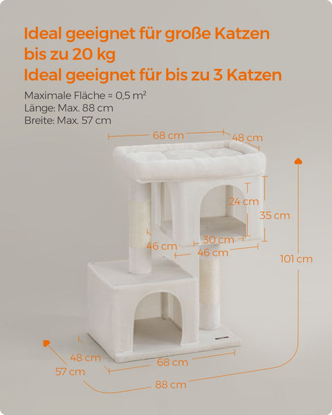 Rootz Scratching Post - Cat Tree - Cat Condo - Chipboard Plush Sisal - 68cm x 48cm x 101cm - Cream White - 14.3kg