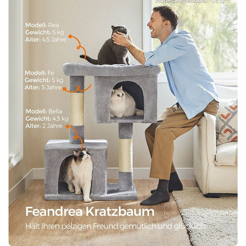 Rootz Scratching Post Cat Tree - Cat Tower - Climbing Frame - Chipboard - Plush - Sisal - 68cm x 48cm x 101cm