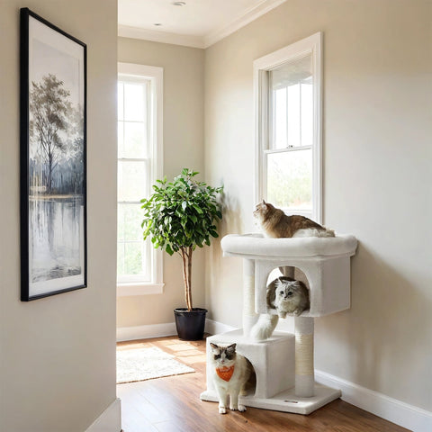 Rootz Cat Scratching Post - Cat Tree - Large Viewing Platform - Durable Plush/Sisal - 60cm x 40cm x 84cm