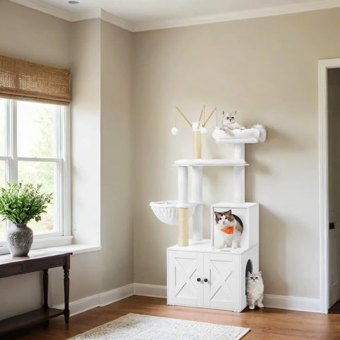 Rootz 2-in-1 Cat Scratching Tree - Litter Box Cabinet - Cat Tower - Space-Saving - 57.5 x 50 x 151 cm