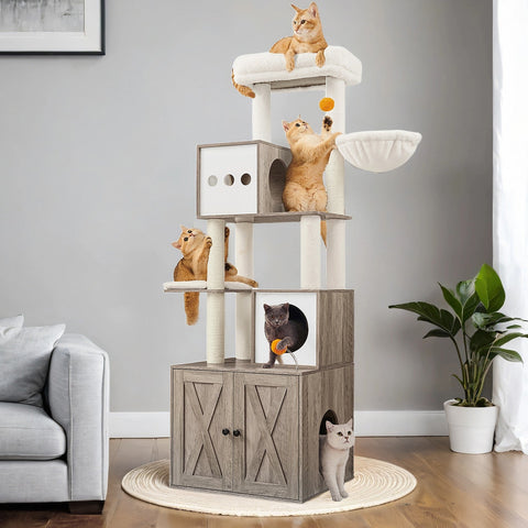Rootz Cat Tree Tower - Scratching Post - Sisal Climbing Frame - Promotes Playful Activity - 60cm x 52cm x 185cm