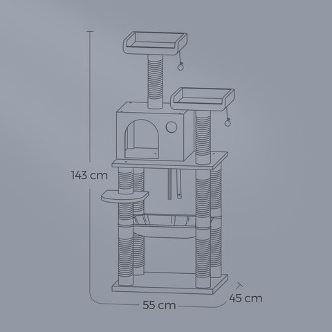 Rootz Cat Tree, Scratch Post - Climbing Tower - Kitty Furniture - High Stability - 55cm x 45cm x 143cm