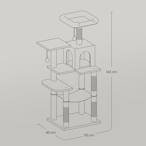 Rootz Cat Tree - Cat Scratching Post - Cat Tower - Sisal & Plush - Supports Safe Play - 55 x 45 x 143 cm
