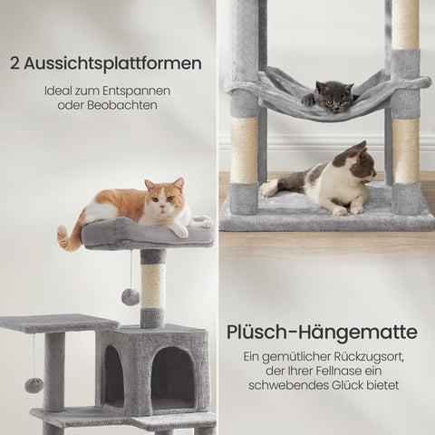 Rootz Cat Scratching Post - Cat Tree - Kitty Tower - Plush Cover - 143cm High - Cuddly Cave - Relaxation Platform