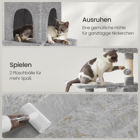 Rootz Cat Scratching Post - Cat Tree - Kitty Tower - Plush Cover - 143cm High - Cuddly Cave - Relaxation Platform