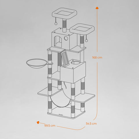 Rootz Cat Scratching Tree - Activity Tower - Climbing Post - 13 Scratch Pillars - 168cm High - 55x45x168cm