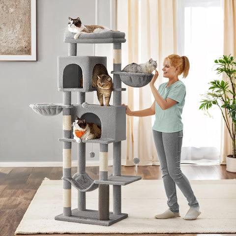 Rootz Multi-Storey Cat Tree - Scratching Post - Cat Tower - Sisal Durability - 57cm x 45cm x 175cm -  Grey