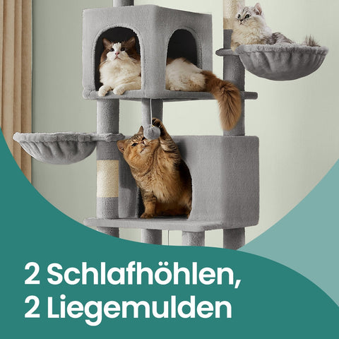 Rootz Multi-Storey Cat Tree - Scratching Post - Cat Tower - Sisal Durability - 57cm x 45cm x 175cm -  Grey