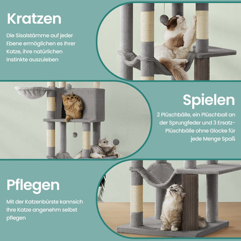 Rootz Multi-Storey Cat Tree - Scratching Post - Cat Tower - Sisal Durability - 57cm x 45cm x 175cm -  Grey