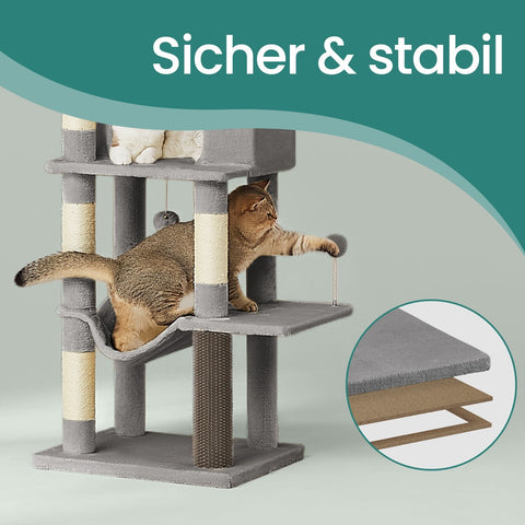 Rootz Multi-Storey Cat Tree - Scratching Post - Cat Tower - Sisal Durability - 57cm x 45cm x 175cm -  Grey