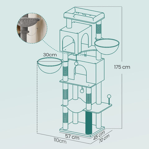 Rootz Multi-Storey Cat Tree - Scratching Post - Cat Tower - Sisal Durability - 57cm x 45cm x 175cm -  Grey