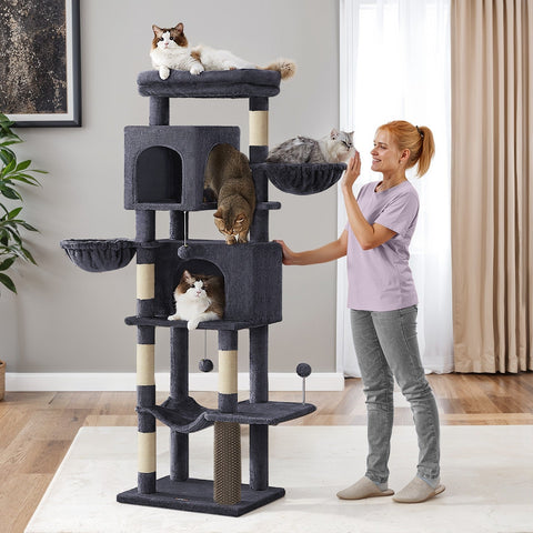Rootz Cat Scratching Post - Multi-Storey Cat Tree - Kitty Condo - 2 Caves - Durable Sisal - 57cm x 45cm x 175cm
