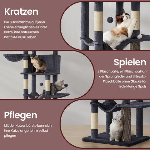 Rootz Cat Scratching Post - Multi-Storey Cat Tree - Kitty Condo - 2 Caves - Durable Sisal - 57cm x 45cm x 175cm