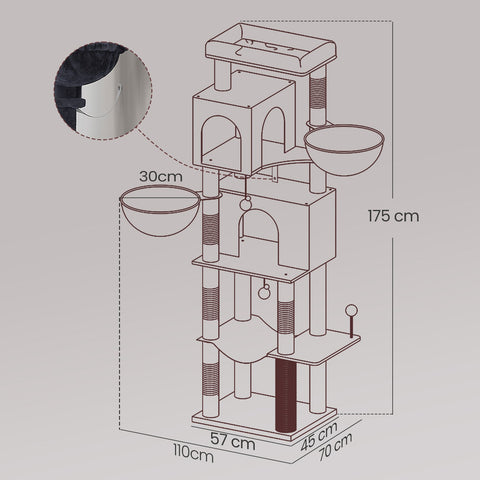 Rootz Cat Scratching Post - Multi-Storey Cat Tree - Kitty Condo - 2 Caves - Durable Sisal - 57cm x 45cm x 175cm